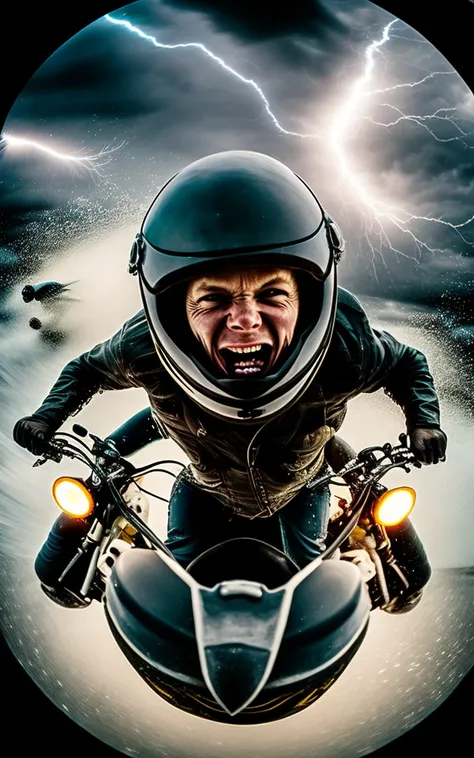 Fisheye,Motorcycle riders with pull helmets leap over the ground, their faces wide open, big aperture lens, close-up,Lightning, thunder and heavy rainstorm