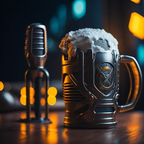 (masterpiece), combine a beer mug and a microphone in a sci fi setting. professional photography, octane render, hyper realistic - amazing sunlight, Dynamic composition, Photography, Sharp focus, Bokeh