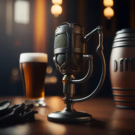 (masterpiece), for a beer, beer mug, microphone in background, professional photography, octane render, hyper realistic - amazing sunlight, Dynamic composition, Photography, Sharp focus, Bokeh