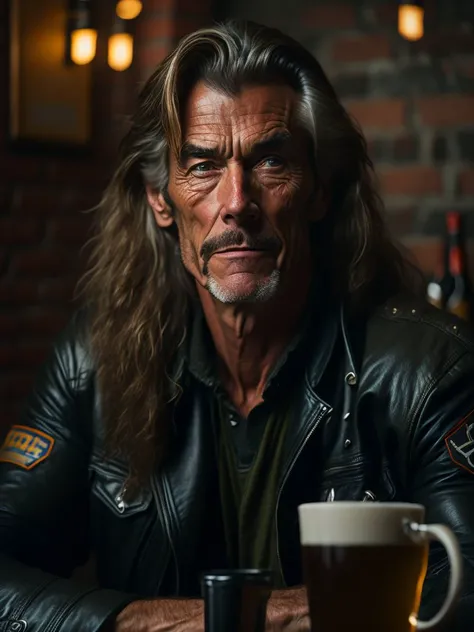 85mm portrait photo of a stern male biker, long hair, 50 years old, bike pub coffee, flirting with the camera, cinematic, 8k,