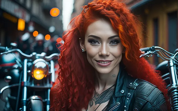 very detailed portrait photo of a motorcyclist of a red-haired girl, smiling, tattoo, , (biker clothes:1.3), short dress, pronounced femininity, crazy details, intricate details, hyper-detailed, complex background, in the city of the future