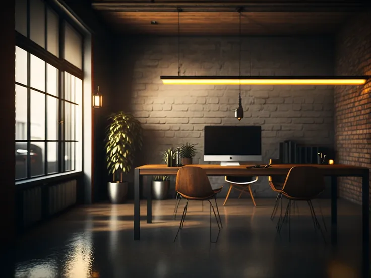 industrial style office design room with minimalist lighting