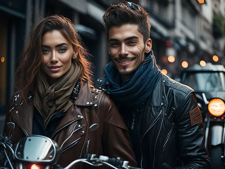 a very detailed photo of a motorcyclist of a European girl, smiling,(biker clothes:1.3), pronounced femininity, flirting with the camera, crazy details, intricate details, ((complex background in the city of the future))