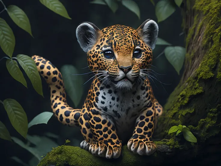 Cute leopard cub in the forest, by Tim Okamura, Victor Nizovtsev, Greg Rutkowski, Noah Bradley, trending on Artstation, 8k, masterpiece, graffiti paint, fine detail, full of color, intricate detail, golden ratio illustration