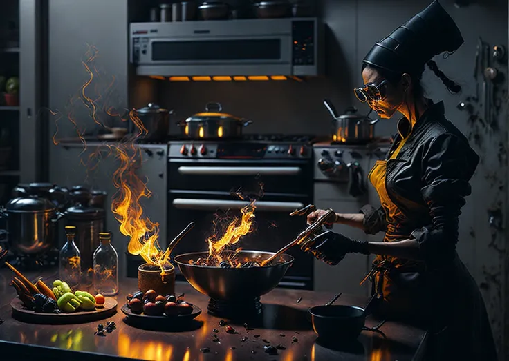 Android looking at cook book, cooking, fire, wok, smoke, futuristic kitchen,  appliances, cyberpunk, retro futuristic, meat, vegetables, fruits,