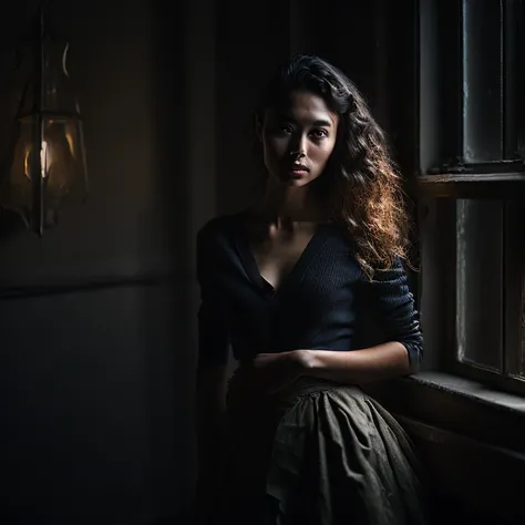 Photo a beautiful young woman, standing, (full body), in skirt, ((hug herself)), in a dark room, window light behind him, (in center of frame), Front Light, portrait, Rembrandt lighting, detailed face, 4k, ((1girl)), 35mm, fullframe, watching on camera, cute face