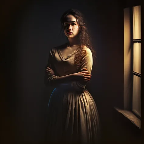 Photo a beautiful young woman, standing, (full body), in skirt, ((hug herself)), in a dark room, window light behind him, (in center of frame), Front Light, portrait, Rembrandt lighting, detailed face, 4k, ((1girl)), 35mm, fullframe, watching on camera, cute face