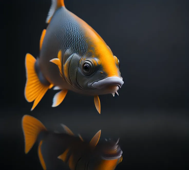 neutral geographic photography , artistic raw extreme closeup of a , a koi fish ,orange beak, tilted head, looking aggressively directly at camera, surrounded by Foggy bokeh environment. natural light, superimposed with good light filter, Bokeh , professional light, depth of field 8k, in the gold Magic hour, professional photography, octane render, hyper realistic - amazing sunlight, Dynamic composition, Photography, Sharp focus, Bokeh