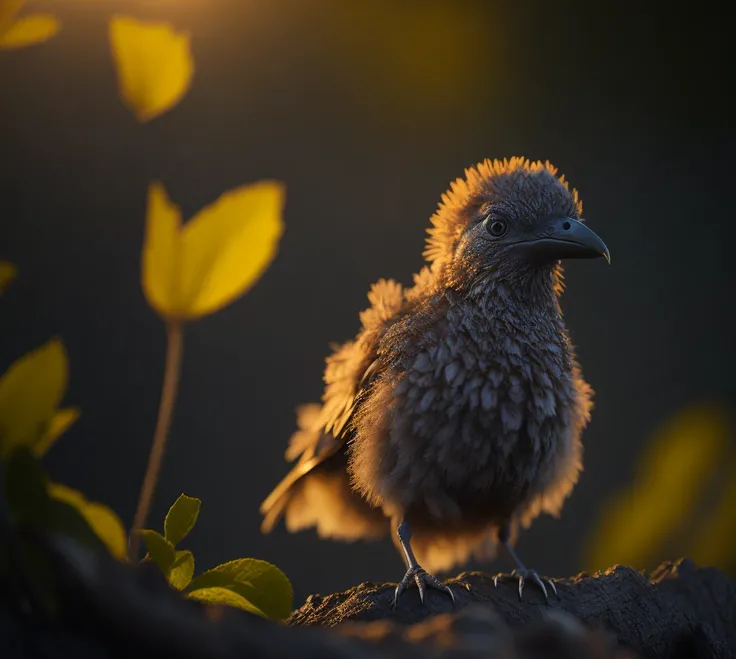 Very Cute Fluffy asa extinct phorusrhacos bird , professional light, depth of field 8k, in the gold Magic hour, professional photography, octane render, hyper realistic - amazing sunlight, Dynamic composition, Photography, Sharp focus, Bokeh
