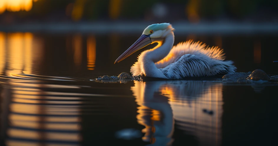 Very Cute Fluffy asA pelican in the lake , professional light, depth of field 8k, in the gold Magic hour, professional photography, octane render, hyper realistic - amazing sunlight, Dynamic composition, Photography, Sharp focus, Bokeh