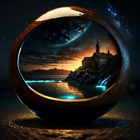 a small city sitting in an island in a ceramic bowl full of water| beautiful night sky | photo manipulation| beautiful composition