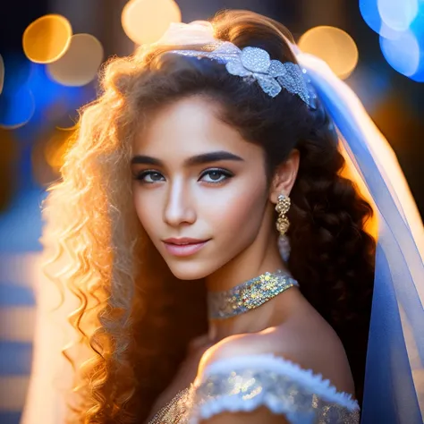(ultra photorealistic:1.3) RAW photo astonishing 14 yo Juliet, looks back over her shoulder, looks with anticipation of sexual pleasure, lace veil, thick curly hair to the waist, moon light, wedding night, Venice, veranda, fantastic atmosphere, deep blue background, warm glow of Christmas lights, fog, golden blue on background, epic cinematic, golden hour lighting, vignette, HDR, photo realistic, professional photo, sharp focus bokeh, (photo quality:1.4)