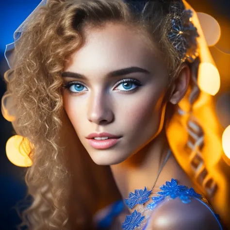 (ultra photorealistic:1.3) RAW photo astonishing Danish fashion model teenager, looks back over her shoulder, looks with anticipation of sexual pleasure, lace veil, thick curly hair to the waist, moon light, wedding night, Venice, veranda, fantastic atmosphere, deep blue background, warm glow of christmas lights, fog, golden blue on backgroud, epic cinematic, golden hour lighting, vignette, HDR, photo realistic, professional photo, sharp focus bokeh, (photo quality:1.4)