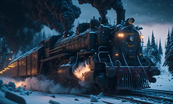 long [futuristic: retro: 10] locomotive, snow dust from train traffic, smoke, steam, high speed, motion blur, snowly storm, snow ambient light, rtx, unreal, color corrections, photorealism
