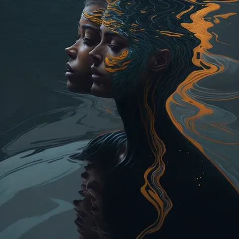 floating layers of water, reflection, shimmering, color, faces