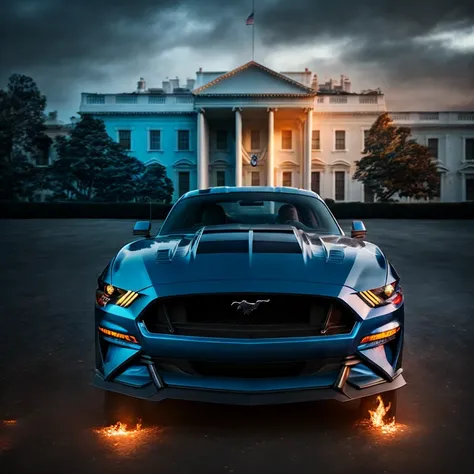 Epic couleur photo of a blue ford mustang in front of the white house with fires in his tires , wide angle macro, hard light, high contrast, (epic photography:1.3) (dark scene:1.2) with moody side light, (rim light:1.2) silhouette, (UTIL_PortraitHelper:0.6), (STY_mjgs:0.3) (STY_MJ_dgtlv2:0.3) <hypernet:mjv4Hypernetwork_v1:0.3> kc16-v3-6250 (STY_rzminjourney:0.3) rule of thirds Ying Yeng Fibonacci spiral composition, Hasselblad Fujifilm medium format, carl Zeiss, stunning contrast, incredible dynamic range
