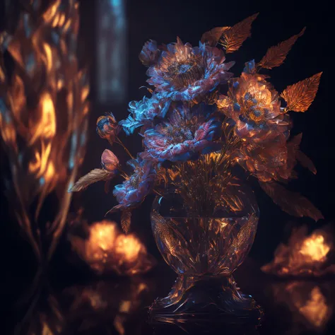 masterpiece, best quality, bouquet of heavenly flowers in a crystal vase, cyberpunk style, (((complex background))), (((intricate details))), ultra details, (((photorealistic))), cinematic, unreal engine 5 rendered, a 3d render lighting, dynamic lighting, (glow with reflections and refractions lighting), ((diamond effect)), flare spots, brighter,