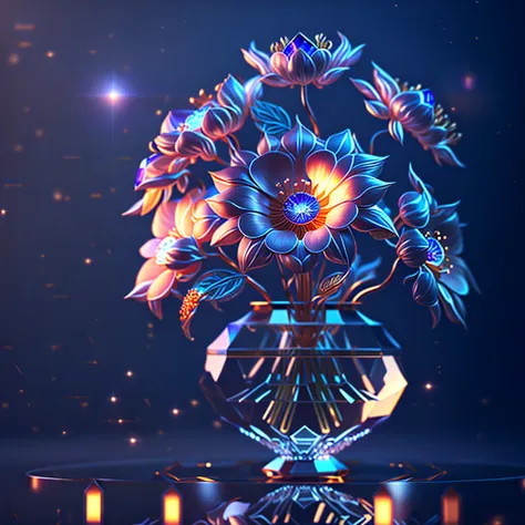 masterpiece, best quality, bouquet of heavenly flowers in a crystal vase, cyberpunk style, (((complex background))), (((intricate details))), ultra details, (((photorealistic))), cinematic, unreal engine 5 rendered, a 3d render lighting, dynamic lighting, (glow with reflections and refractions lighting), ((diamond effect)), flare spots, brighter,