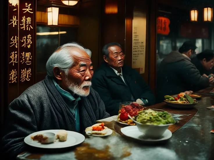 an old man sitting in a chinese restaurant on a very cold day while it's raining heavily outside on a busy street in tokyo, it can be seen that the chief cooks



mood photo journalism unposed urban photography, ultra detailed, film photography, cold tone, sharp focus, ultra detailed skin, professional color grading, raw photo, cinematography, vibrant details, ultra quality, (photo-realistic:1.37), masterpiece, Canon EOS 5D Mark IV and fujifilm Superia X - TRA 400 film