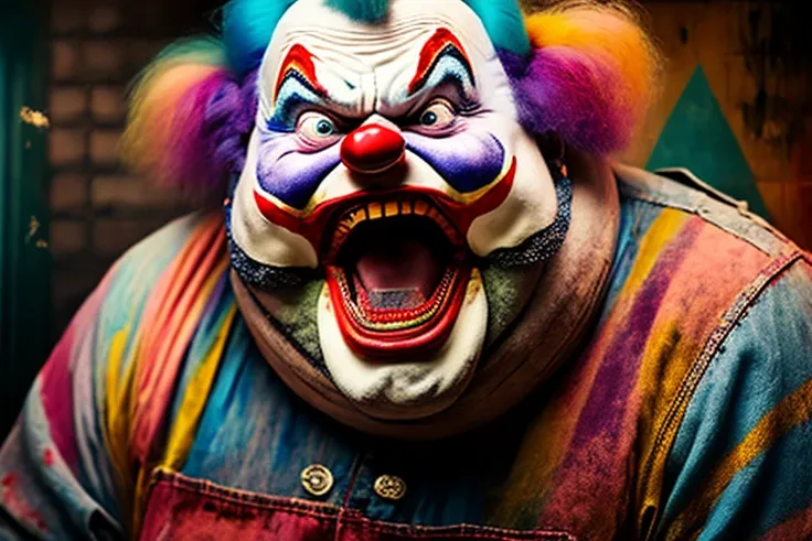 a photo portrait of an old deteriorating clown, fat, dirty, disgusting, angry expression, screaming, mouth open, drool (kids party background)