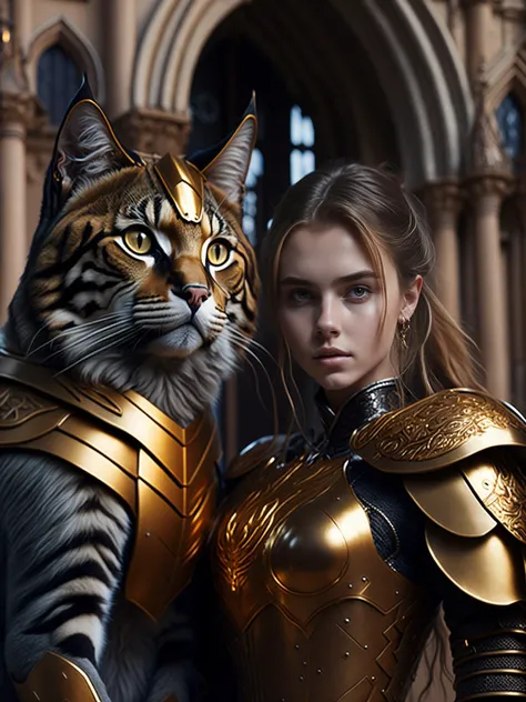 cute 16-years old girl with a gigantic cat wearing a detailed golden cat armor, castle exterior, daylight, detailed face, brown hair, detailed eyes, HDR, photo realistic, professional photo, sharp focus bokeh, full body, large metal tail, bare legs,