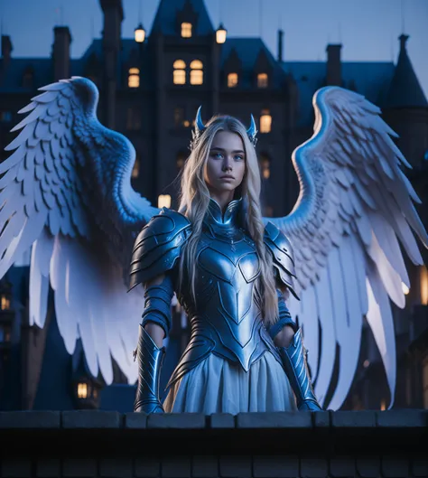 raw picture of a cute -yengel girl on a castle rooftop during the night, fantasy white armor, blonde, muscular, open wings, dream like light, 150 mm, detailed face, beautiful blue eyes, holding a bow, HDR, photo realistic, professional photo, sharp focus bokeh, bare legs