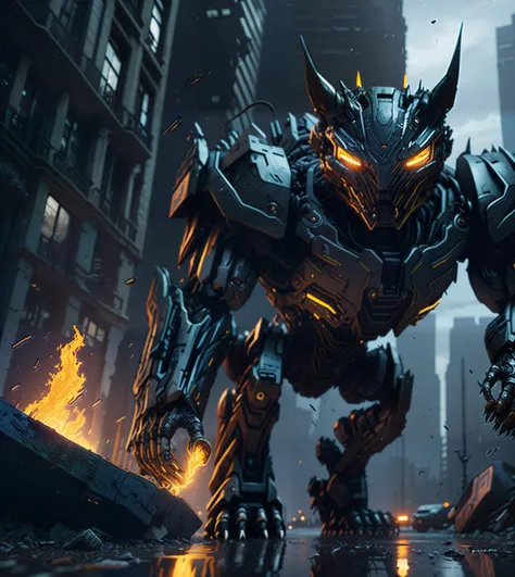 photo of giant robot cat destroying a city, glossy robot, rainy, rtx, octane, unreal, fire, debris