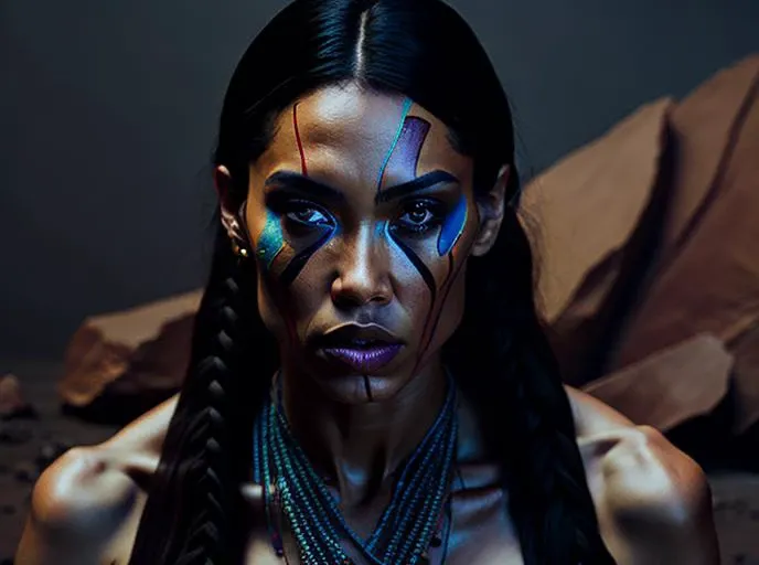 a woman standing in front of a rock formation, symbolism, (native american), ((Iroquois)), power pose, cold, hand raised in defiance, official product photo, looking serious, portrait photo, portrait photography, magical photography, dramatic lighting, photo realism, ultra-detailed, intimate portrait composition, iPhone 14 Pro Max f4.0, perfect face, symmetrical face, symmetrical eyes, mars, bright lighting, sun on face, glowing skin