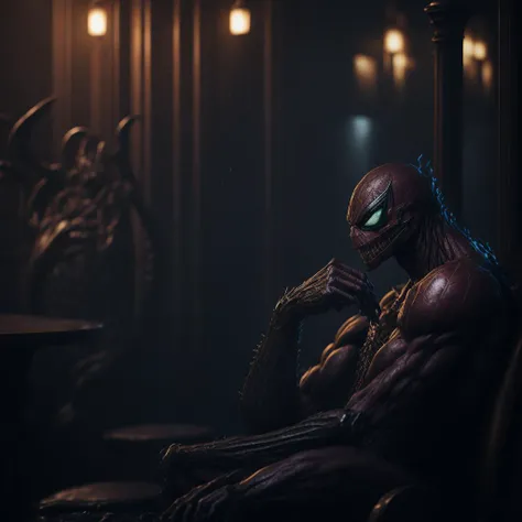 portrait of a venom from spiderman sitting on a throne inside a bar with a window inside a throne room, edge light, well lit, bokeh