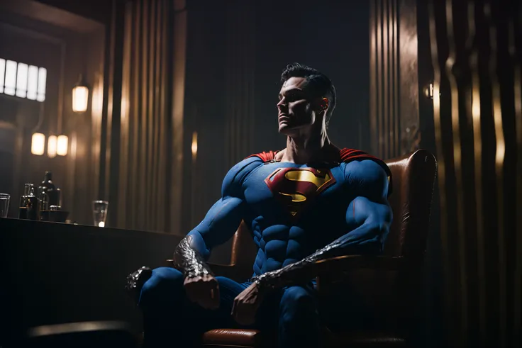 portrait of a superman wearing sitting on a throne inside a bar with a window inside a throne room, edge light, well lit, bokeh