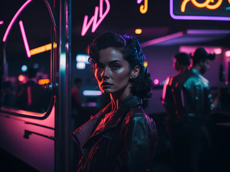 award winning cinematic photo of woman standing outside a 50s diner, neon signs, neon light, rainbows, shiny, reflective, rtx, disco diffusion, synthwave, bokeh background, reflections, black background, rtx, unreal, octane render, 4k