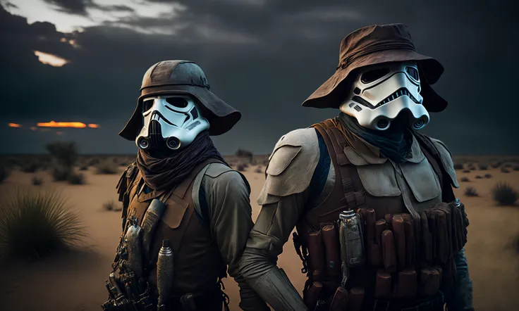 photo portrait of a stormtrooper dressed as Indiana jones on a safari in the savanna, rembrandt light, dramatic sky, exotic animals