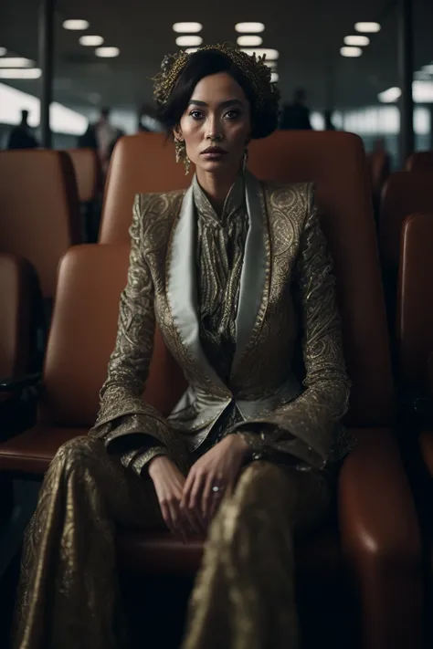photo portrait of an woman wearing intricate attire sitting on a throne, airport lounge, edge light, well lit, bokeh, by wes anderson