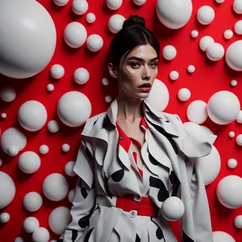 a woman standing in front of a red and white circle with white balls on it and a red and white polka dot pattern on the background, digital art, fashion, advertisment, swiss design, graphic design