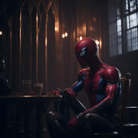 portrait of a spiderman sitting on a throne inside a bar with a window inside a throne room, edge light, well lit, bokeh