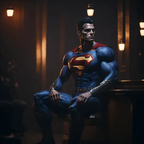 portrait of a superman sitting on a throne inside a bar with a window inside a throne room, edge light, well lit, bokeh