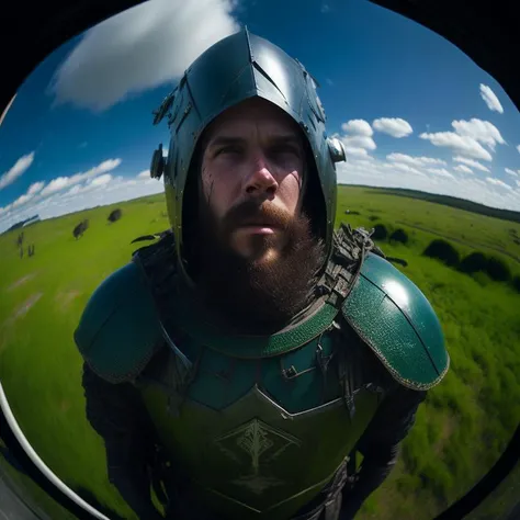 fisheye lens, portrait photo of medieval knight standing in a grassy landscape, grassy hills, sunny day, bright, vibrant colors