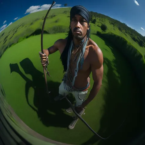 fisheye lens, portrait photo of an indian archer standing in a grassy landscape, grassy hills, sunny day, bright, vibrant colors