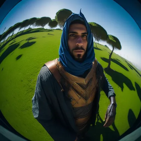 fisheye lens, portrait photo of an arabic knight standing in a grassy landscape, grassy hills, sunny day, bright, vibrant colors