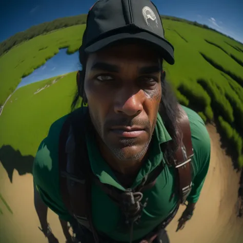 fisheye lens, portrait photo of an indian archer standing in a grassy landscape, grassy hills, sunny day, bright, vibrant colors