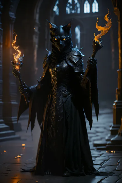 (full body:1.3) photo of a black cat dressed as a dark mage casting a fireball spell, the ground is electrified and sparking, wizard, wearing black robes, in a gothic church, reflecions, darkness, low angle photo, 8k, octane, 2 legs, side light, (illuminated runes on the ground:1.1), candles in the background, bokeh, sharp focus