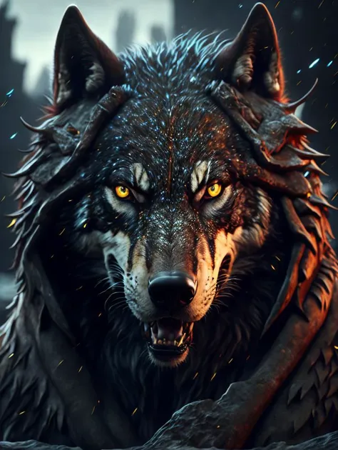 Wolf god, hyper realistic, tension, cold, highly detailed, sharp focus, professional, 8k UHD, cinematic, dark, violent, outdoor, River, battle, chase, dramatic, vivid, nervous vibe, render, epic, twilight, HDR, album cover, blizzard, lightning, cataclysmic