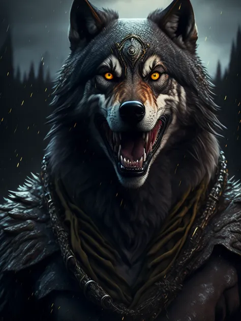 Wolf god, hyper realistic, tension, cold, highly detailed, sharp focus, professional, 8k UHD, cinematic, dark, violent, outdoor, River, battle, chase, dramatic, vivid, nervous vibe, render, epic, twilight, HDR, album cover, blizzard, lightning, cataclysmic