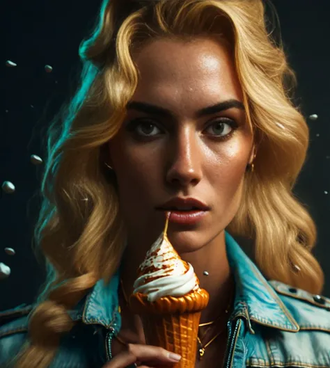 raw picture of a cute 21-year-old girl holds a cone of melting ice cream in her hand, licks the ice cream flows down her arms and chin, wearing turquoise jeans jacket, blonde, ((high detailed skin, skin details)), sharp focus, volumetric fog, 8k uhd, dslr, high quality, film grain, cute breasts, knickers, stockings, post-processing, max detail, massive scale, detailed, makeup, skin details, blushing, nostrills, roughness, real life, ultra realistic, realistic, photorealism, photography, cryengine, ultra realistic, 8k uhd, photography, SEMI-SILHOUETTE light