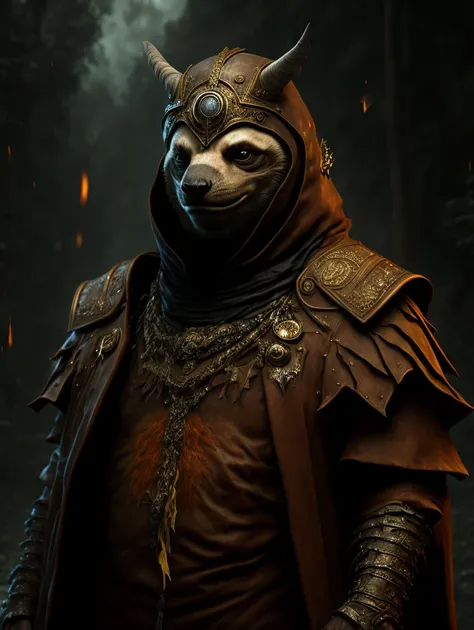Sloth god, lazy, closeup, steampunk anthropomorphic , black plague mask, Artstation illustrators, intricate details, face, full body portrait, dim light, illustration, UHD, 4K hyper realistic, tension, cold, highly detailed, sharp focus, professional, 8k UHD, cinematic, dark, violent, outdoor, River, battle, chase, dramatic, vivid, nervous vibe, render, epic, twilight, HDR, album cover, blizzard, lightning, cataclysmic