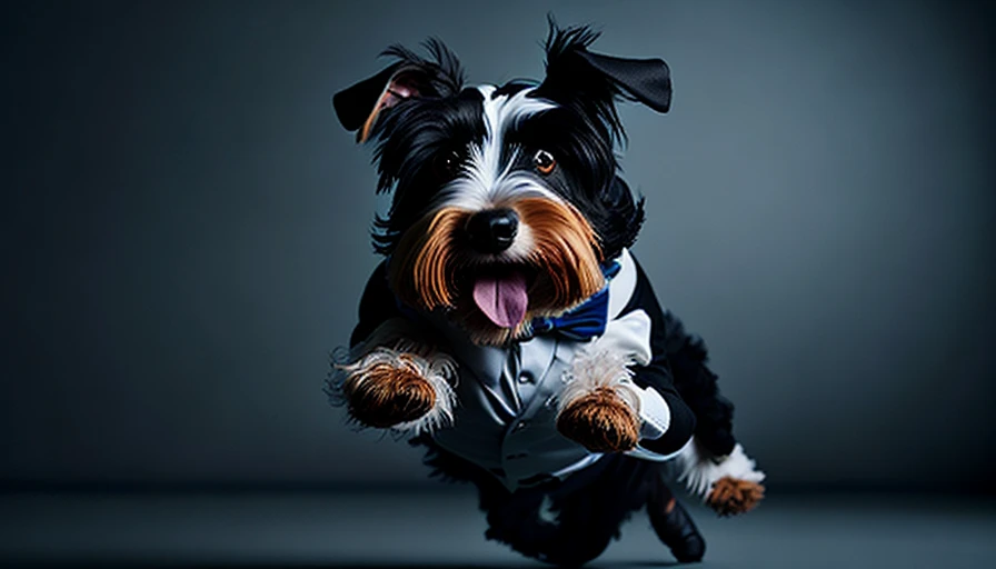 photo of  (([bearded fat [tuxedo] 1foxterrier studio background] NOT (pose)) NOT [ballerina jumping])