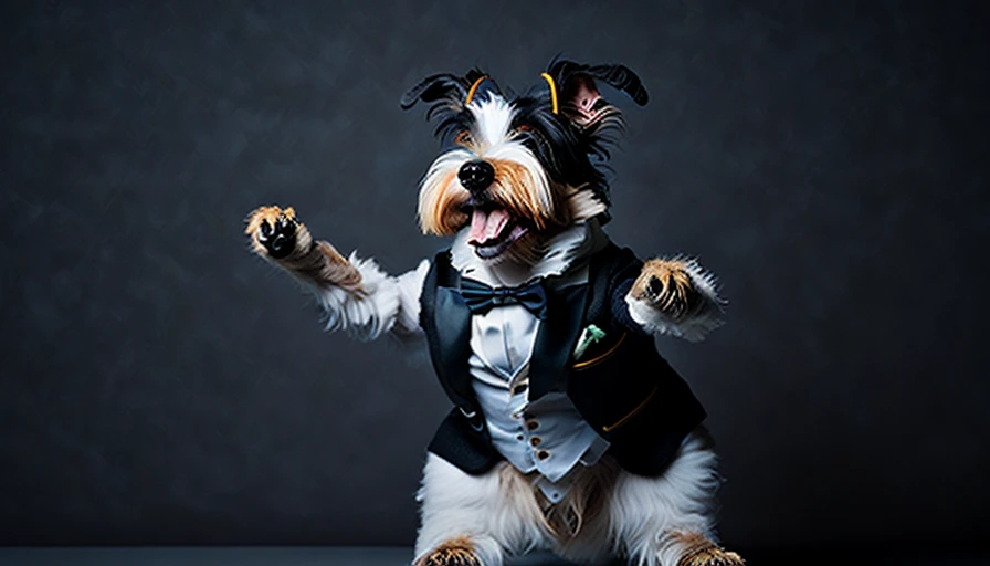 photo of  (([bearded fat [tuxedo] 1foxterrier studio background] NOT (pose)) NOT [ballerina jumping])