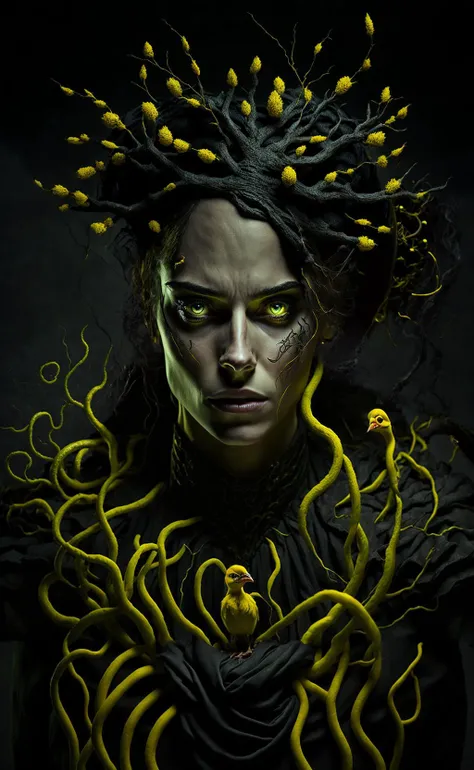 Professional portrait of a eerie woman in a black mourning dress clutches, a yellow chicken sprouted tentacles in her hands, hard light, high contrast, horror movie theme, dark atmosphere