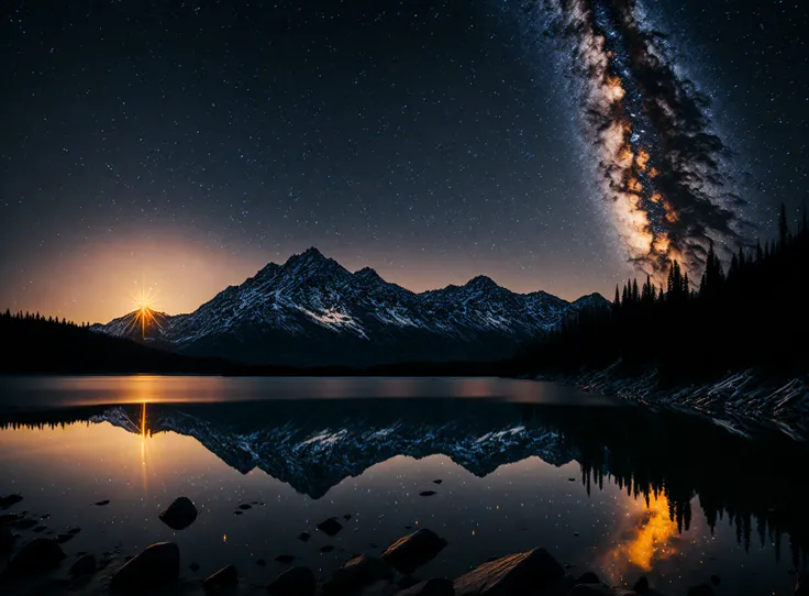 a nude woman, lake, bright sun, lake, glare, illumination, forest and mountains in the distance, the milky way, raw photo,