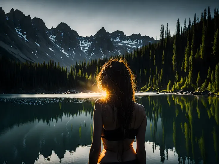 a nude woman, lake, bright sun, lake, glare, illumination, forest and mountains in the distance, raw photo,